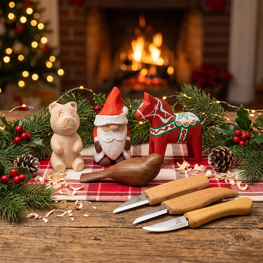Ultimatives DIY-Kinderpaket – Komplettes Holzschnitzset mit Weihnachtsmann, Glücksvogel, Bär & Dala-Pferd – BDIY01_02_05_06