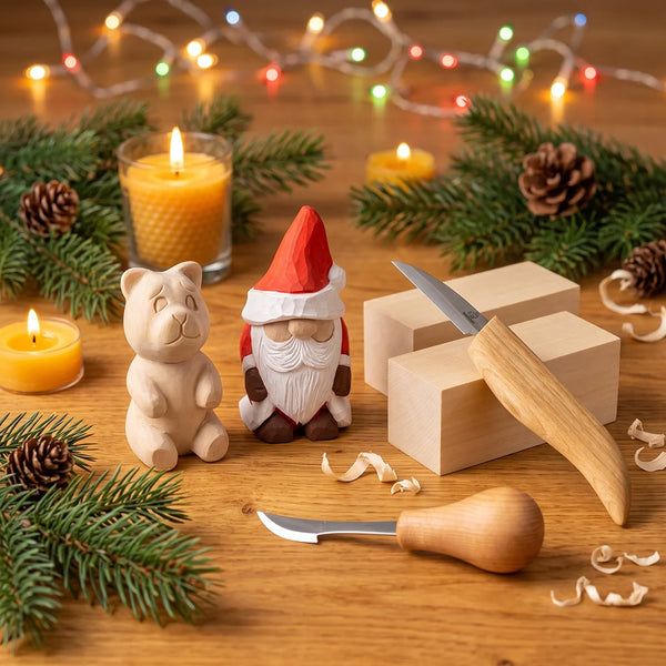 Winter Workshop – Komplettes Holzschnitzset mit Weihnachtsmann & Bär – BDIY06_05_BW