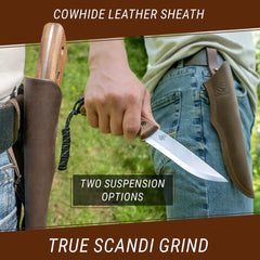Bushcraft Knife for Camping & Outdoor – Carbon Steel Knife with Walnut Handle & Leather Sheath – BSH1 Dune