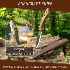 Bushcraft Knife for Camping & Outdoor – Carbon Steel Knife with Walnut Handle & Leather Sheath – BSH1 Dune