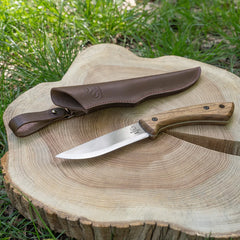Bushcraft Knife for Camping & Outdoor – Carbon Steel Knife with Walnut Handle & Leather Sheath – BSH1 Dune
