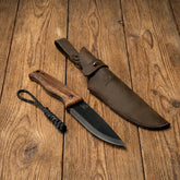Bushcraft Knife for Outdoor & Survival – Black Oxide Coated Carbon Steel Knife with Walnut Handle & Leather Sheath – BSH3 Nightfall