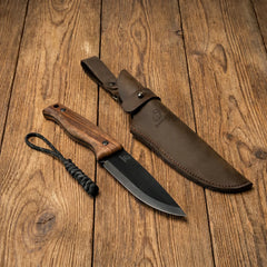 Bushcraft Knife for Outdoor & Survival – Black Oxide Coated Carbon Steel Knife with Walnut Handle & Leather Sheath – BSH3 Nightfall
