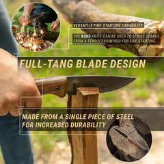 Bushcraft Knife for Outdoor & Survival – Black Oxide Coated Carbon Steel Knife with Walnut Handle & Leather Sheath – BSH3 Nightfall