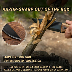 Bushcraft Knife for Outdoor & Survival – Black Oxide Coated Carbon Steel Knife with Walnut Handle & Leather Sheath – BSH3 Nightfall