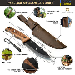 Bushcraft Knife for Outdoor & Survival – Black Oxide Coated Carbon Steel Knife with Walnut Handle & Leather Sheath – BSH3 Nightfall