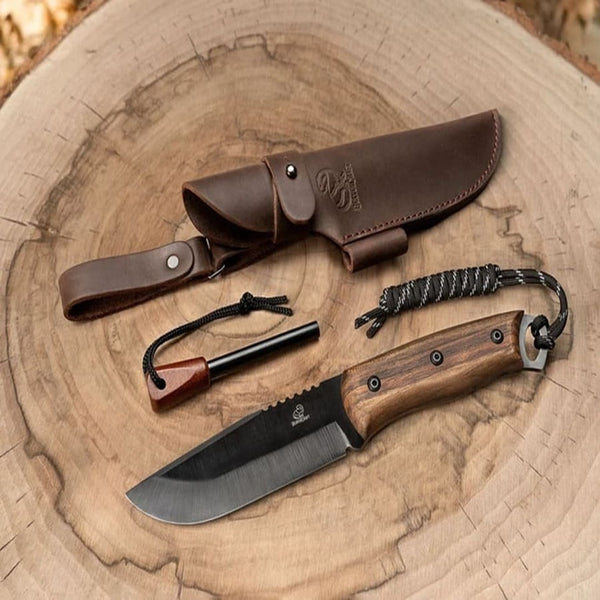 Bushcraft Knife with Ferro Rod for Fire Starting – Black Oxide Coated Carbon Steel Knife with Walnut Handle & Leather Sheath – BSH4_F Dusk