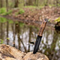 Bushcraft Knife for Outdoor & Survival – Black Oxide Coated Carbon Steel Knife with Walnut Handle & Leather Sheath – BSH4 Dusk