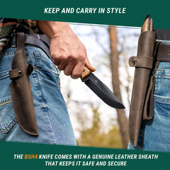 Bushcraft Knife for Outdoor & Survival – Black Oxide Coated Carbon Steel Knife with Walnut Handle & Leather Sheath – BSH4 Dusk
