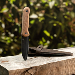 Compact Bushcraft Knife for Camping & Hiking – Black Oxide Coated Carbon Steel Knife with Walnut Handle & Leather Sheath – BSH5 Shadow