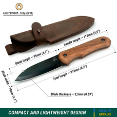 Compact Bushcraft Knife for Camping & Hiking – Black Oxide Coated Carbon Steel Knife with Walnut Handle & Leather Sheath – BSH5 Shadow