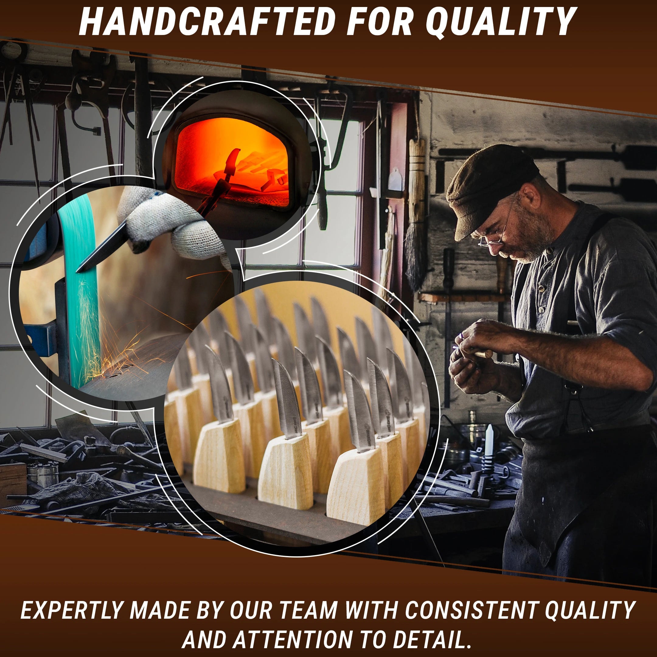 Man working in a workshop with text 'Handcrafted for Quality' and 'Expertly made by our team with consistent quality and attention to detail.'.