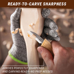 Hand holding a knife with text about ready-to-carve sharpness
