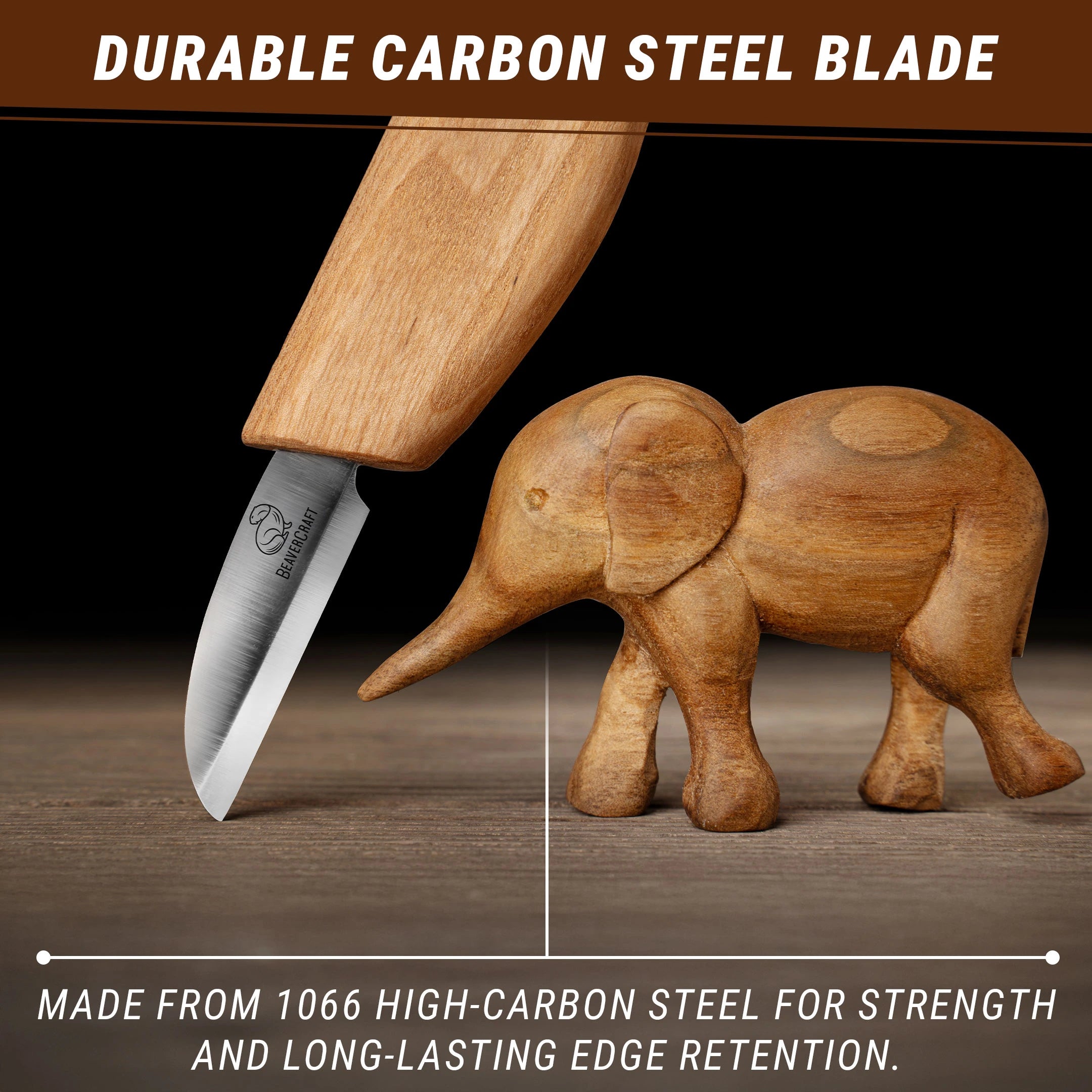 Knife with wooden handle and blade, next to a wooden elephant figure on a dark background.