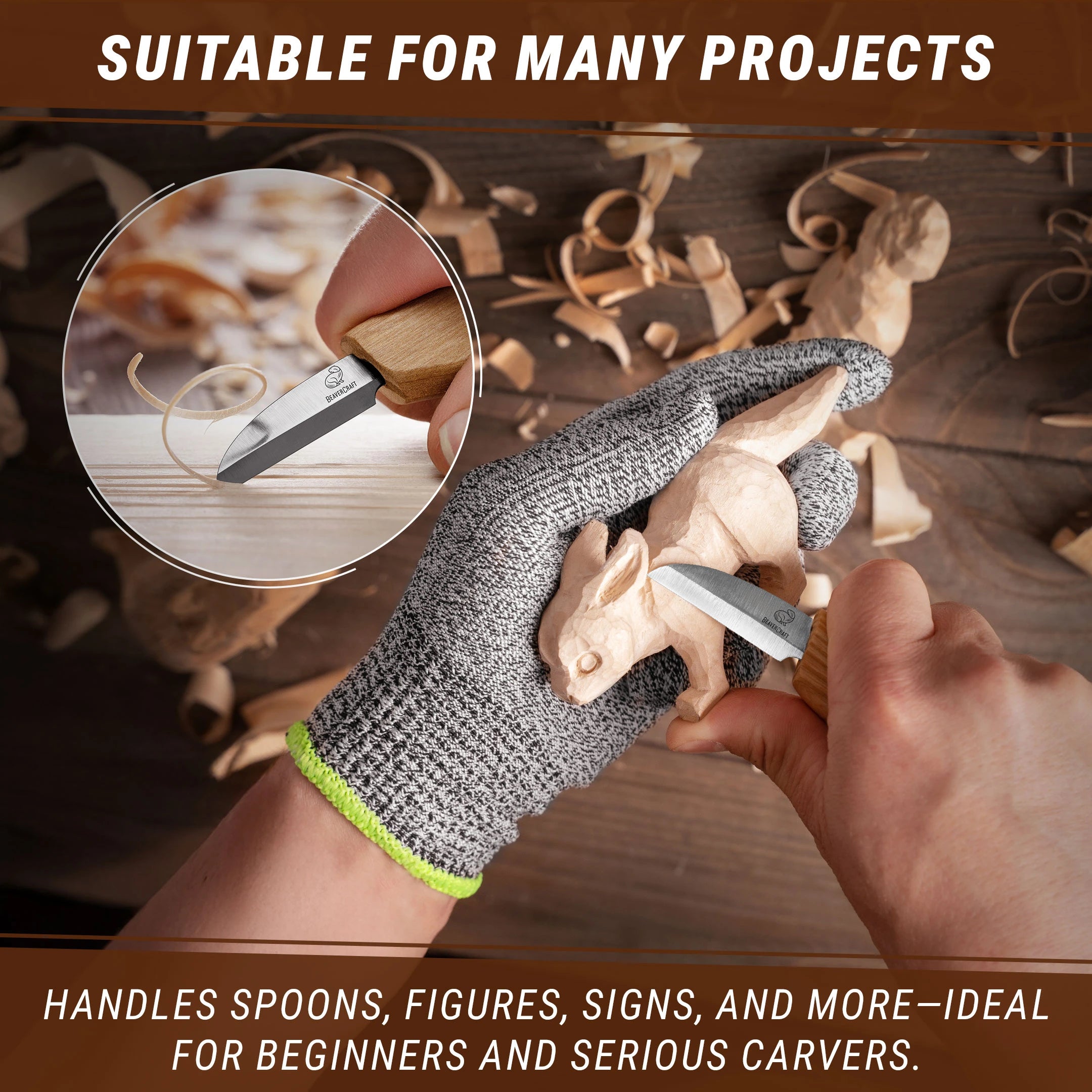 Hand using a carving tool on a wooden figure with text about suitability for various projects.