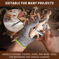 Hand using a carving tool on a wooden figure with text about suitability for various projects.