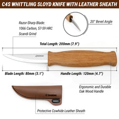 Sloyd Whittling Knife with Leather Sheath – Extended Blade Wood Carving Knife with Protective Sheath – C4S