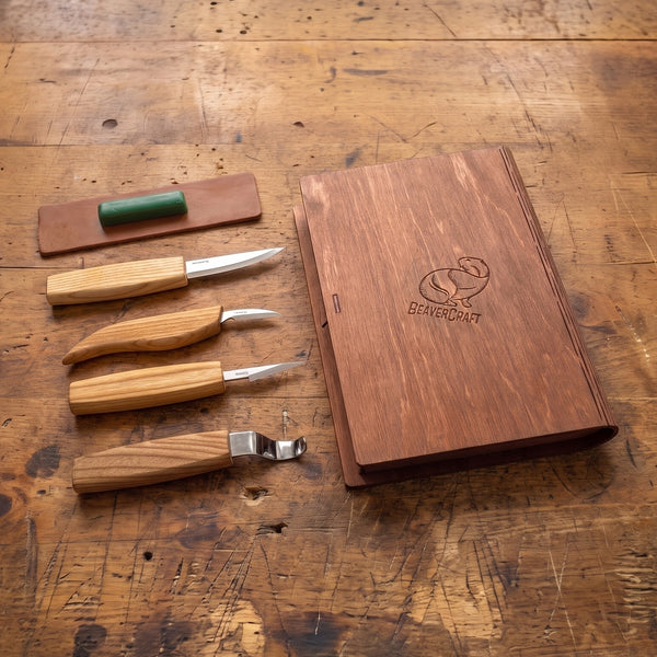Left-Handed Wood & Spoon Carving Knife Set in Book Case, 4 pcs