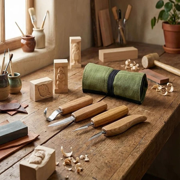 4-Piece Wood Carving Knife Set – Whittling, Detail & Spoon Carving Knives Set in Tool Roll – S09