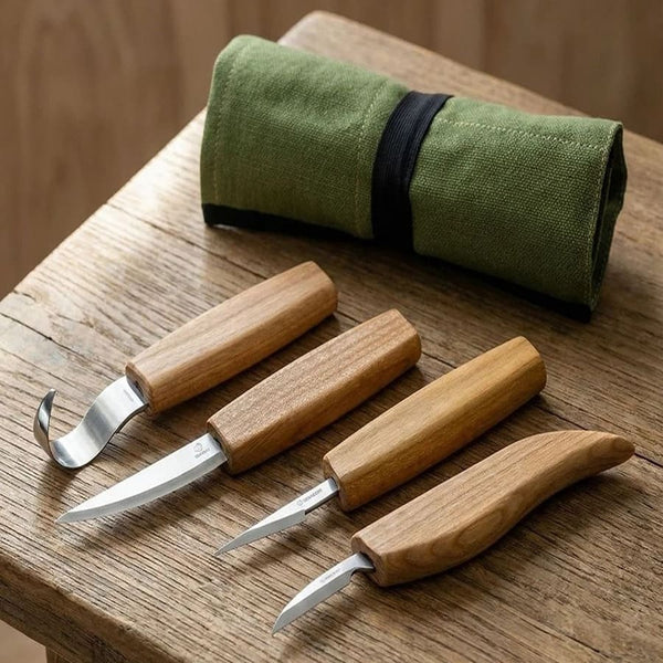 4-Piece Wood Carving Knife Set – Whittling, Detail & Spoon Carving Knives Set in Tool Roll – S09
