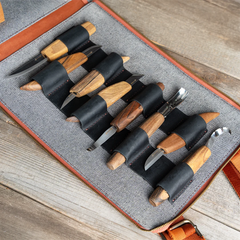 9-Piece Premium Wood Carving Tool Set – Walnut Handle Wood Carving Knives in Leather Tool Bag – S50X