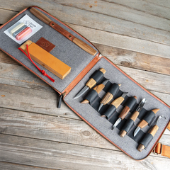9-Piece Premium Wood Carving Tool Set – Walnut Handle Wood Carving Knives in Leather Tool Bag – S50X