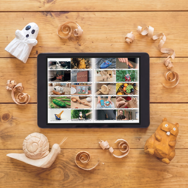 Contents of the Creative Carving magazine on a tablet: all 19 wood carving projects