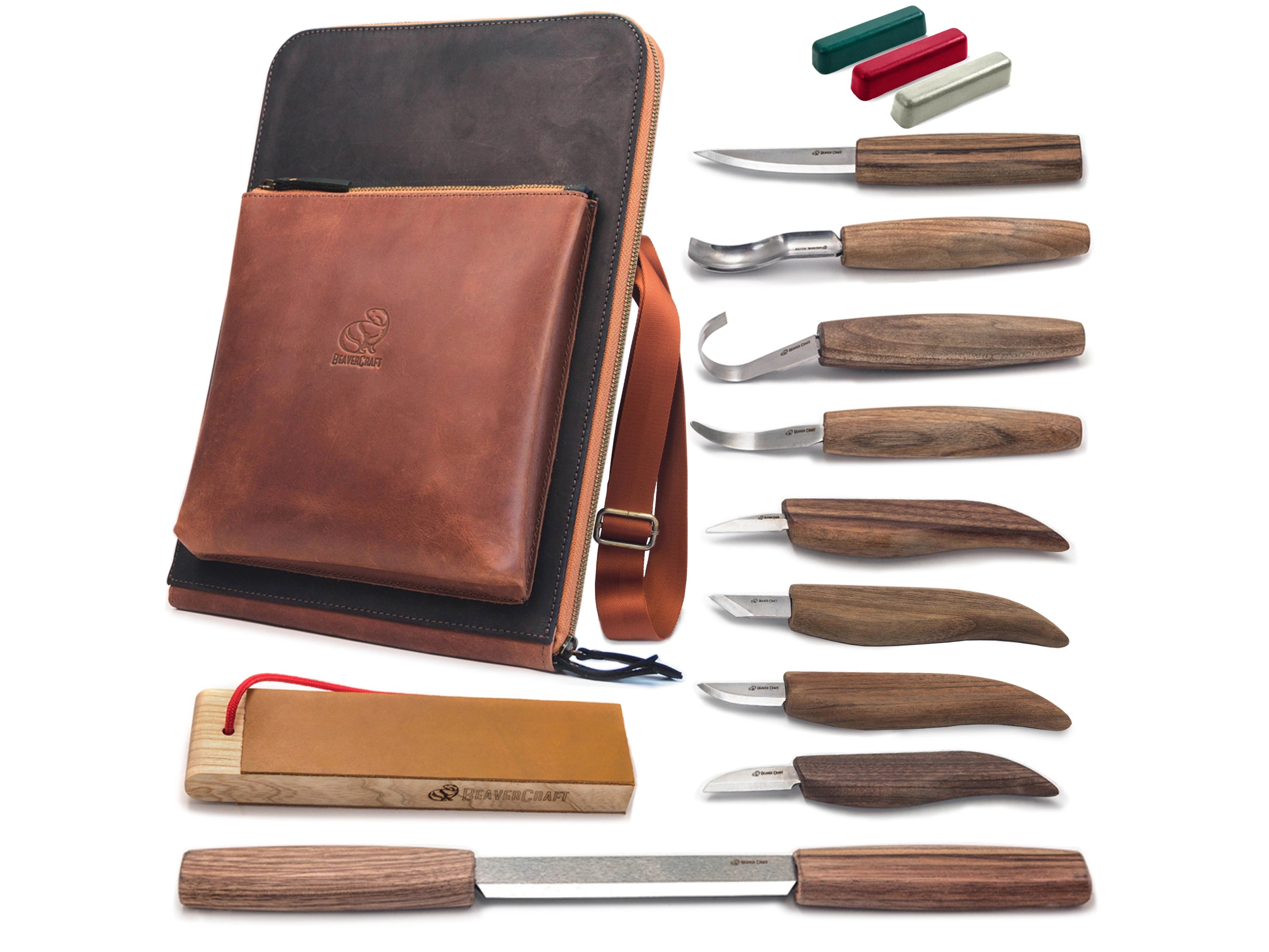 BeaverCraft Deluxe Wood Carving Tools Kit S19x - Wood Carving Knife Whittling Kit Wood Carving Whittling Knife Set with Leather Strop and Polishing