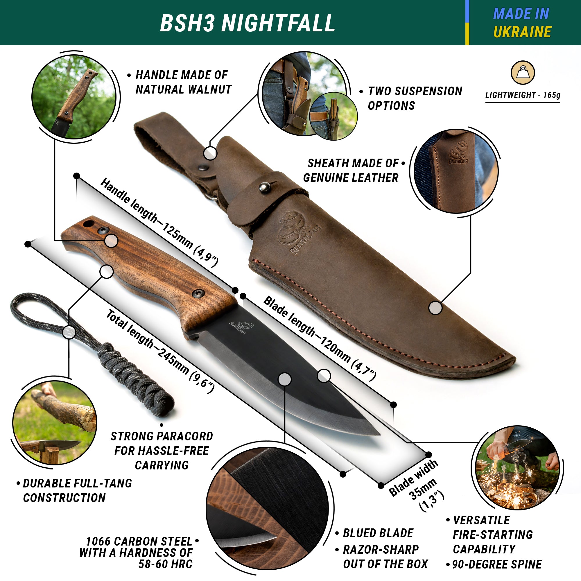 BSH3 Nightfall – Carbon Steel Fixed-Blade Bushcraft Knife Walnut Handl –  BeaverCraft Tools