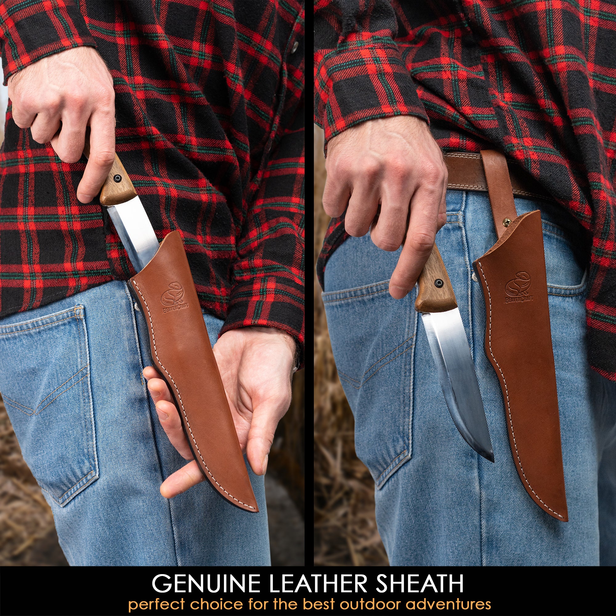 BSH1 – Bushcraft-Messer aus Kohlenstoffstahl, Griff aus Walnussholz mit Lederscheide