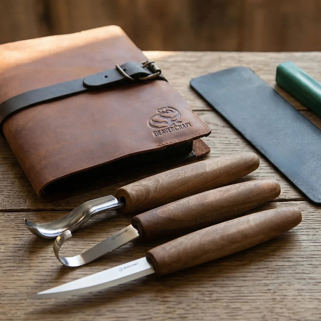 3-Piece Premium Spoon Carving Set – Walnut Handle Wood Carving Tools in Leather Case – S14X