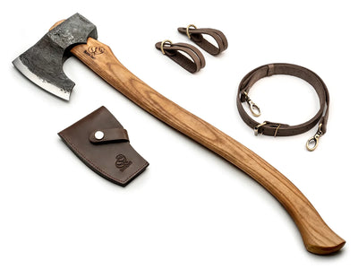 The AX4 felling axe with its leather sheath, shoulder sling and straps
