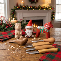 Ultimatives DIY-Kinderpaket – Komplettes Holzschnitzset mit Weihnachtsmann, Glücksvogel, Bär & Dala-Pferd – BDIY01_02_05_06
