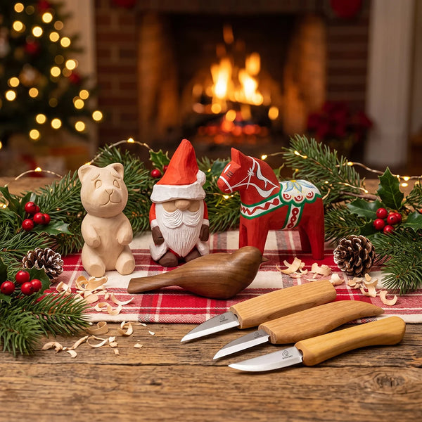 Ultimatives DIY-Kinderpaket – Komplettes Holzschnitzset mit Weihnachtsmann, Glücksvogel, Bär & Dala-Pferd – BDIY01_02_05_06