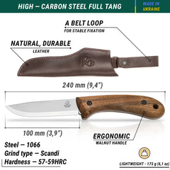 Carbon Steel Bushcraft Knife BSH2 dimensions