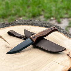 Bushcraft Knife for Outdoor & Survival – Black Oxide Coated Carbon Steel Knife with Walnut Handle & Leather Sheath – BSH3 Nightfall