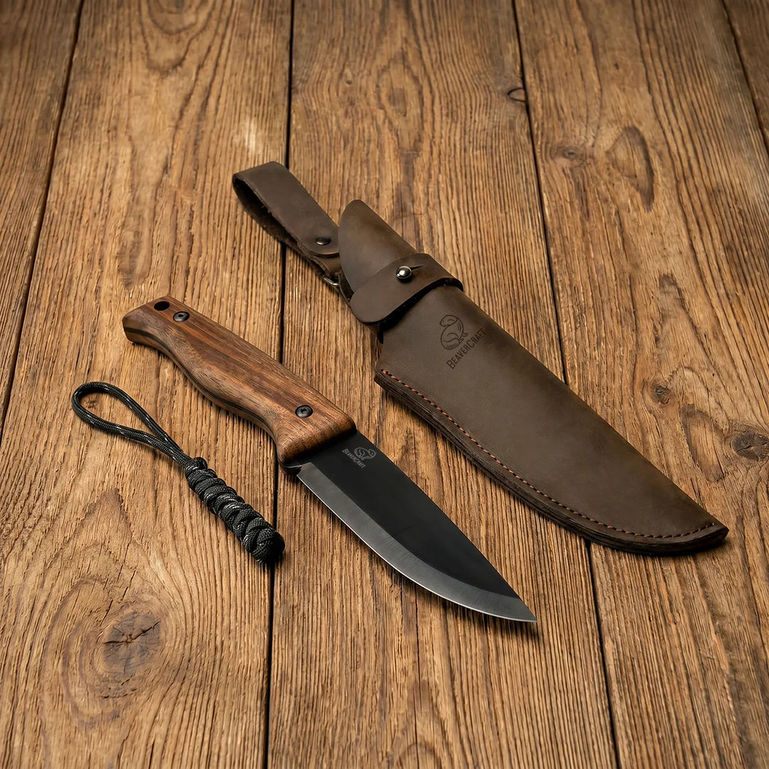 Bushcraft Knife for Outdoor & Survival – Black Oxide Coated Carbon Steel Knife with Walnut Handle & Leather Sheath – BSH3 Nightfall