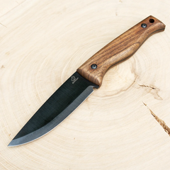 Bushcraft Knife for Outdoor & Survival – Black Oxide Coated Carbon Steel Knife with Walnut Handle & Leather Sheath – BSH3 Nightfall