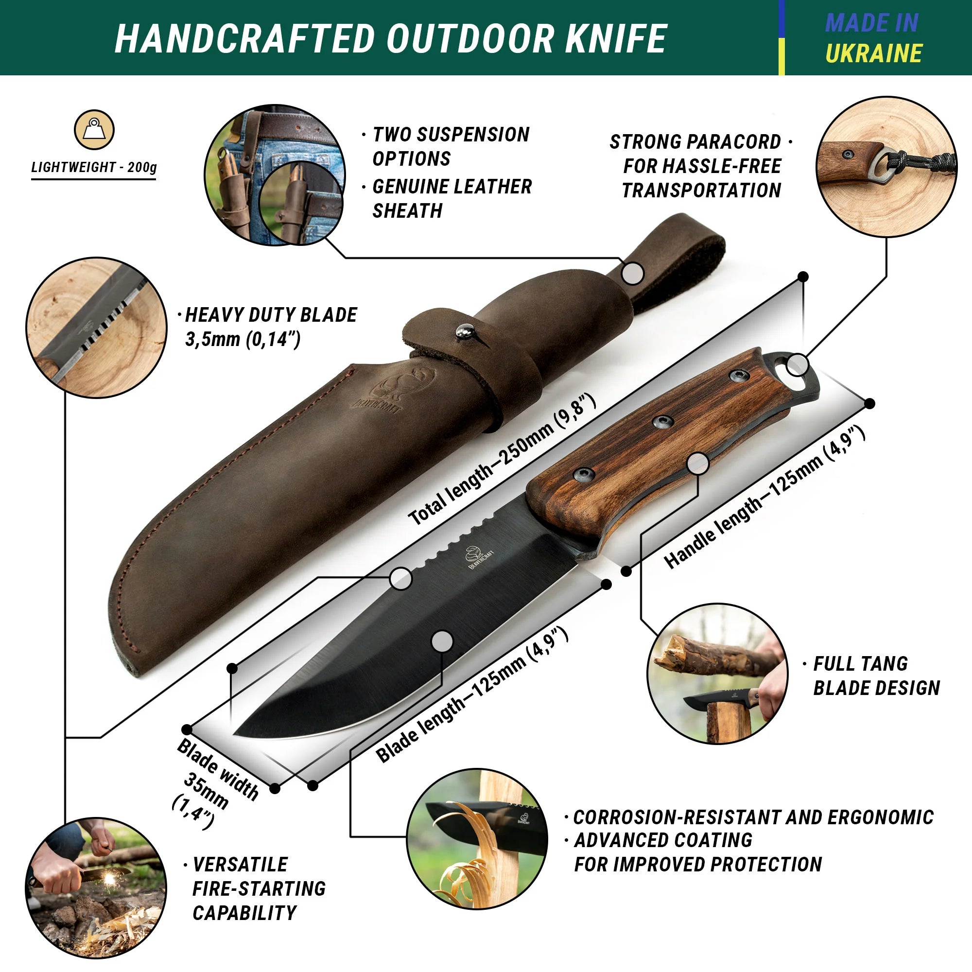Beavercraft - Glacier Fixed Blade Bushcraft Knife for Hunting and