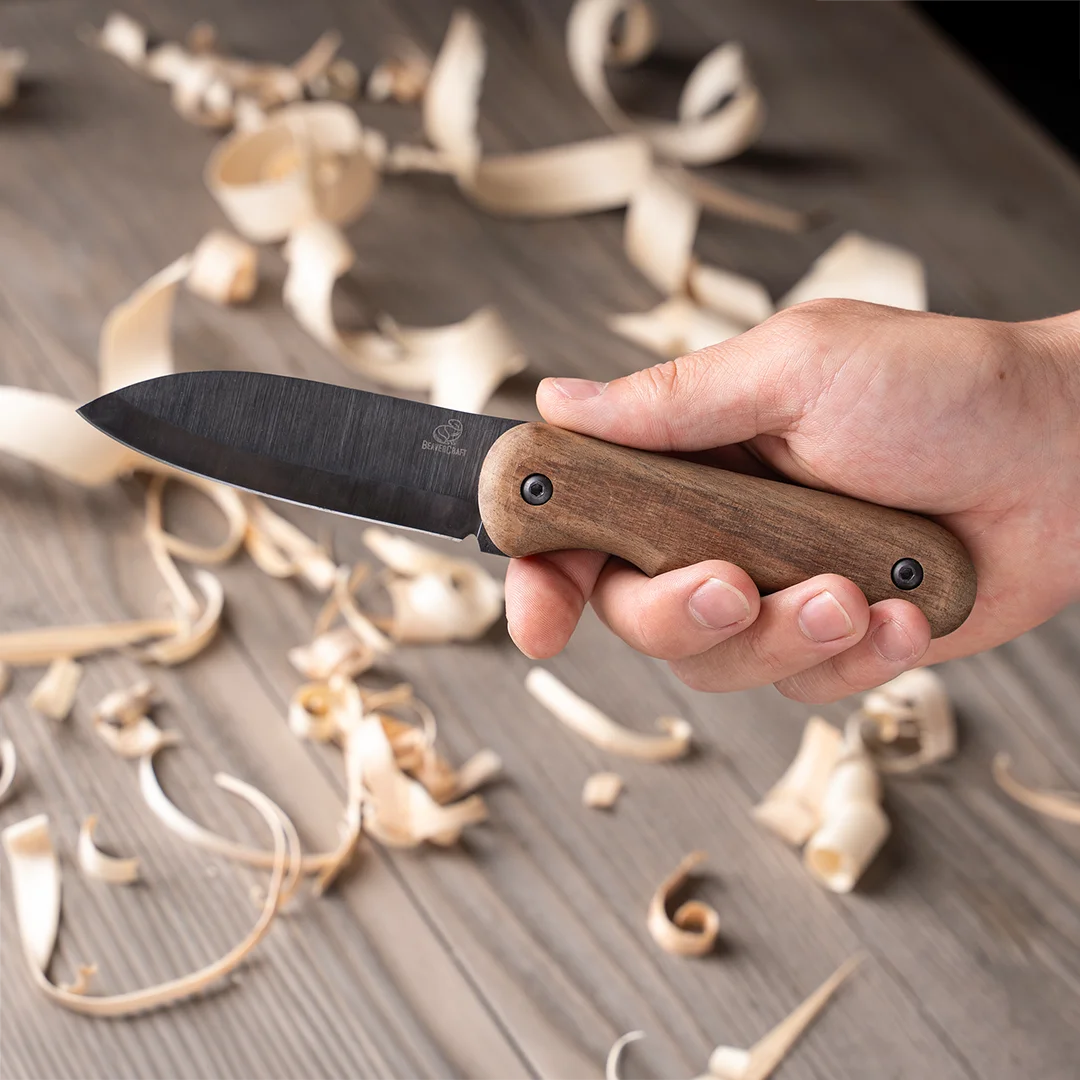 Compact Bushcraft Knife for Camping & Hiking – Black Oxide Coated Carbon Steel Knife with Walnut Handle & Leather Sheath – BSH5 Shadow