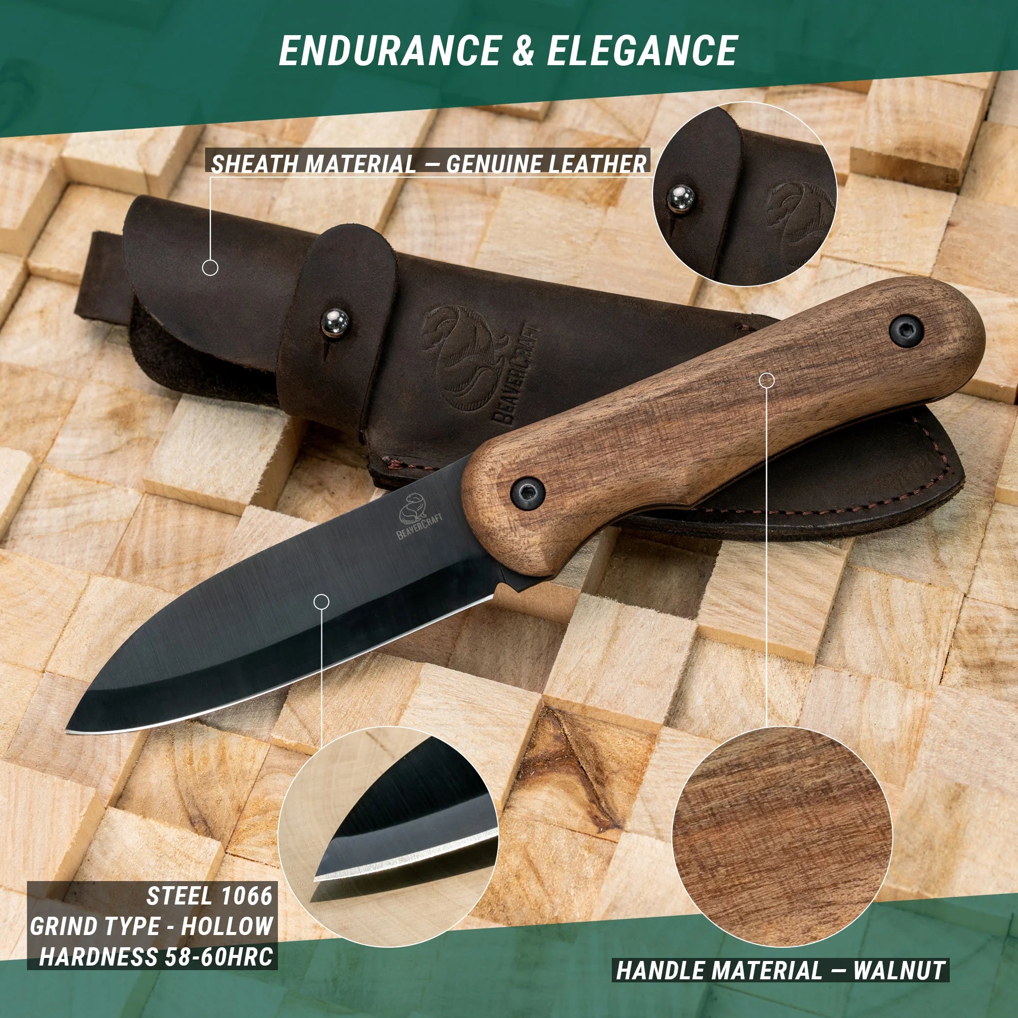 BSH5 Bushcraft Knife with Walnut handle and Leather Sheath