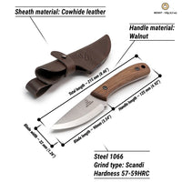 Cuchillo Bushcraft de Acero al Carbono con Mango de Nogal y Funda de Cuero - BSH7 Wild Harvest