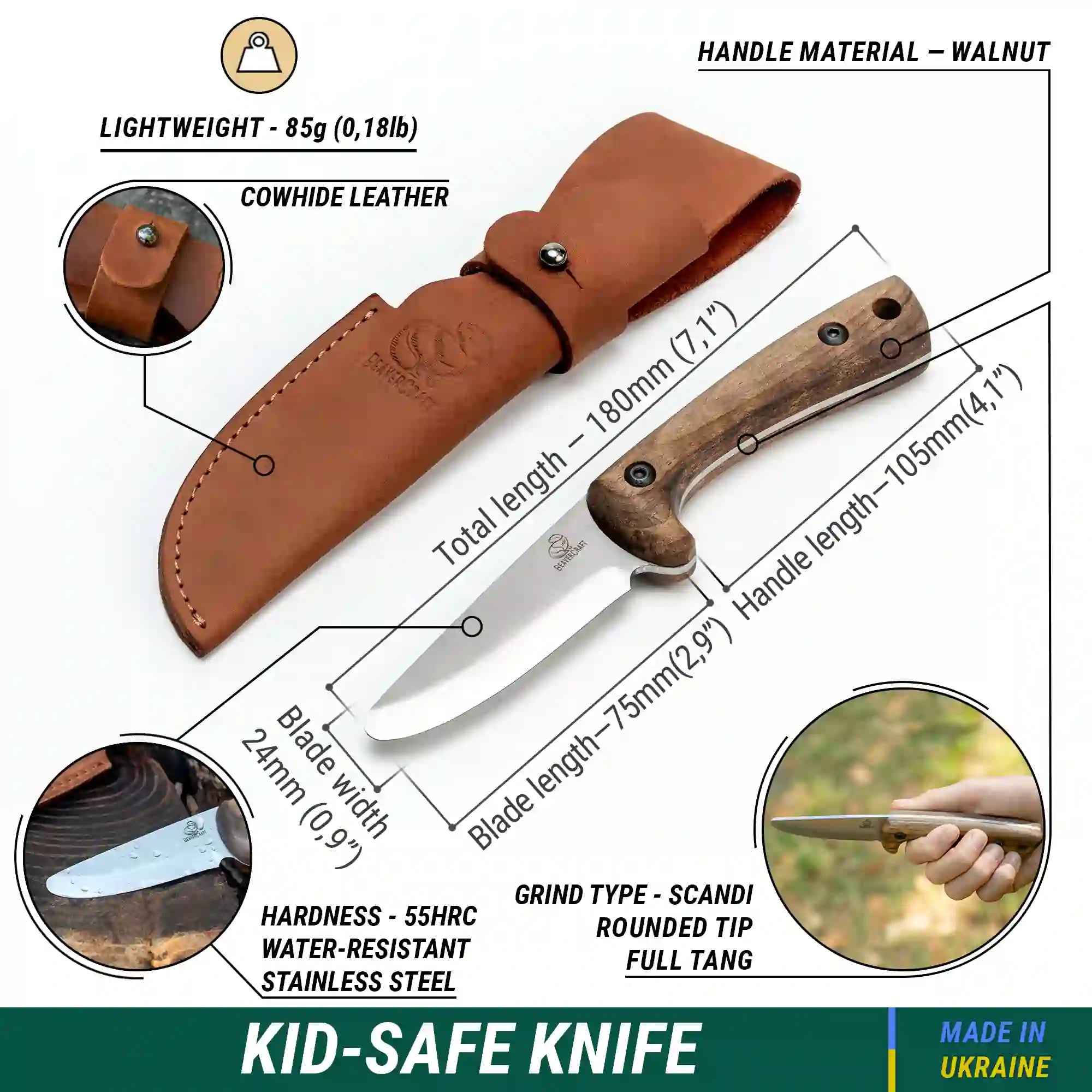 Beavercraft - Glacier Fixed Blade Bushcraft Knife for Hunting and