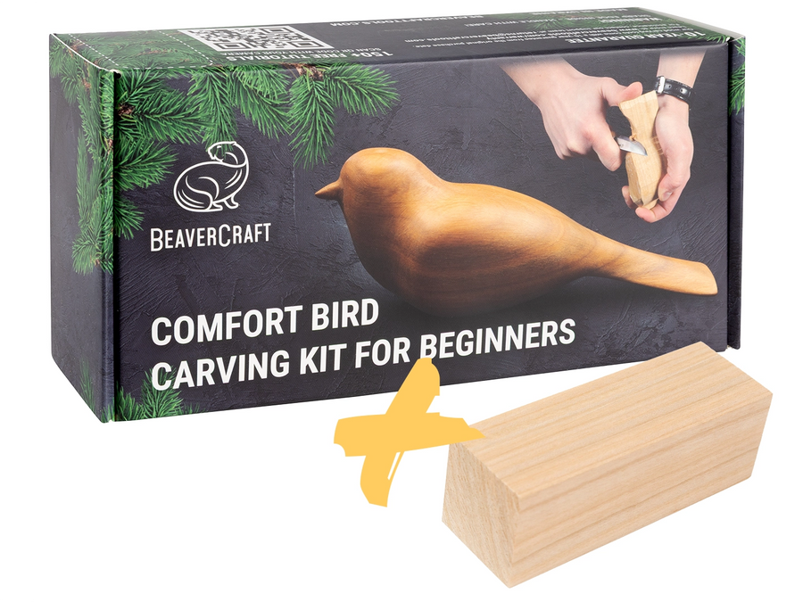 Doppeltes Vogel-Schnitzset – Komfort-Vogel-Schnitzset + zusätzlicher Kirschholzblock – BDIY01_BW_C