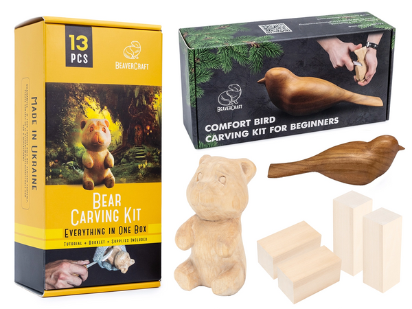 Bird & Bear Carving Set – Complete Wood Carving Kit Bundle with Comfort Bird & Bear – BDIY01_05