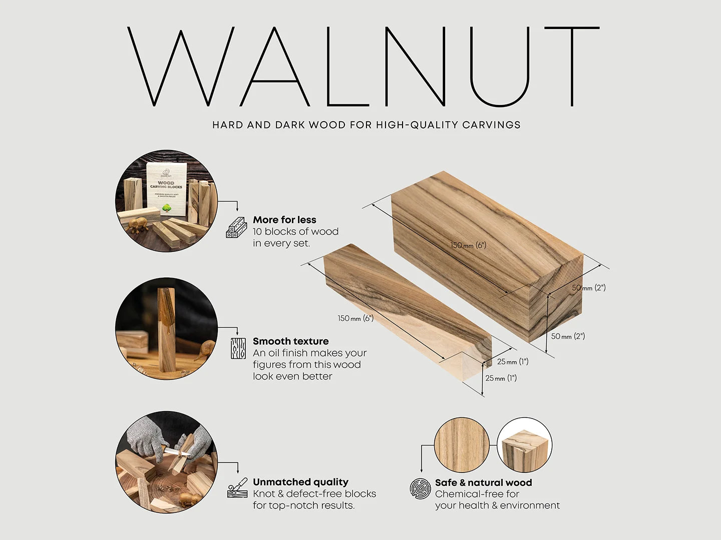BW10 Walnut - Set of European Walnut Carving Blocks 10 pcs
