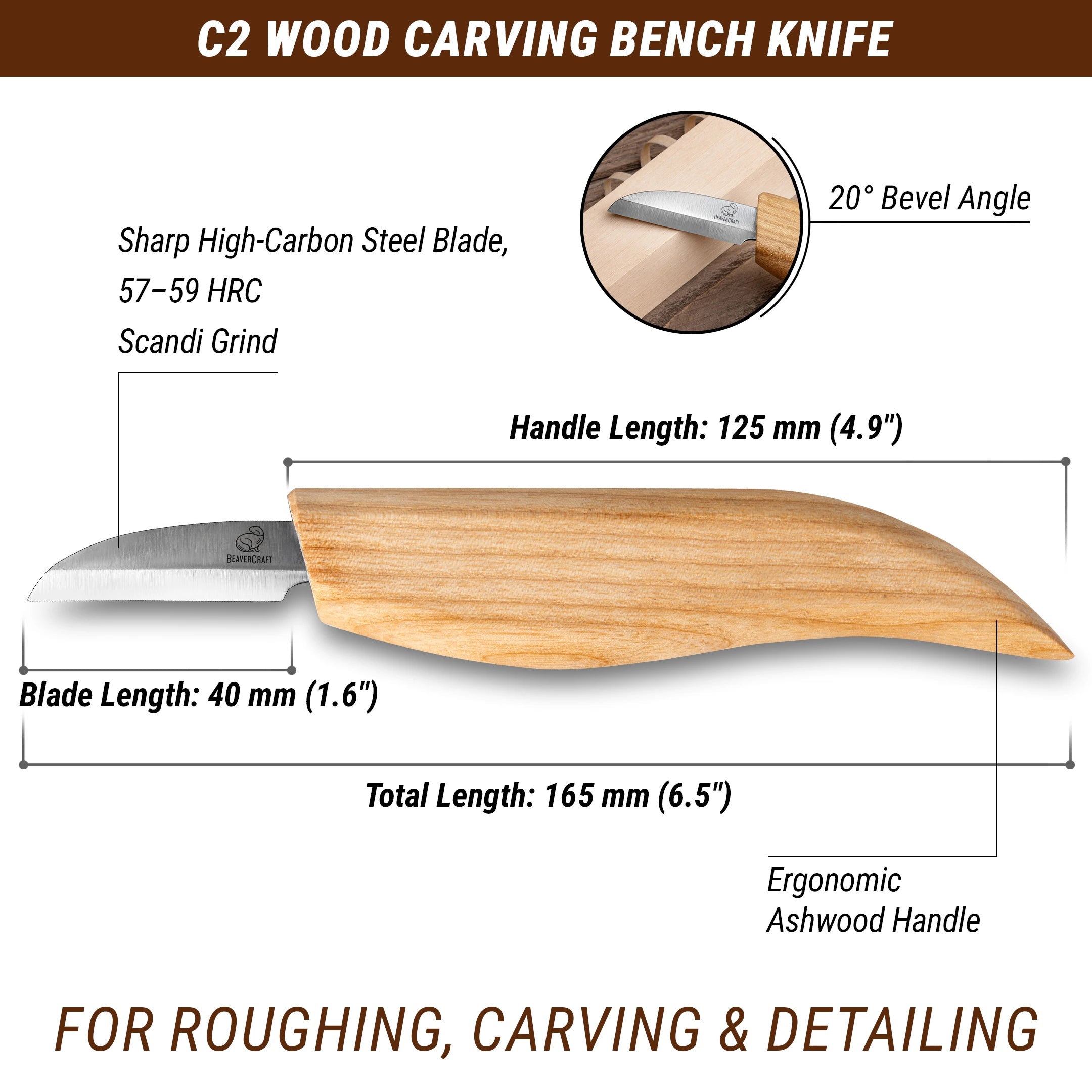 C2 Wood Carving Bench Knife with detailed specifications on a white background