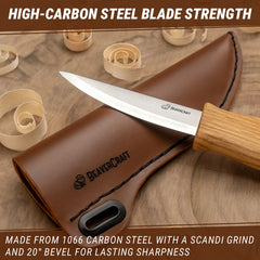 Sloyd Whittling Knife with Leather Sheath – Extended Blade Wood Carving Knife with Protective Sheath – C4S
