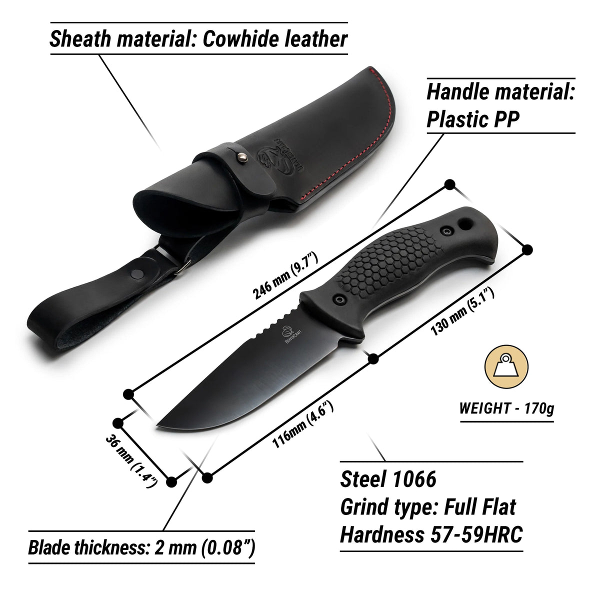 Camping Knife – Black Oxide, Leather Sheath – BeaverCraft Tools