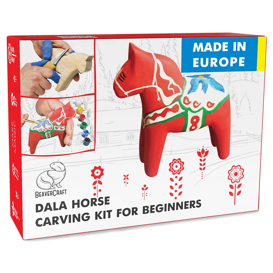 DIY02 – Dala-Pferde-Schnitzset – Starter-Schnitzset für Anfänger, Jugendliche und Kinder
